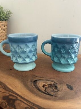 Fire-King Kimberly Blue diamond pattern textured mugs set of 2 Vintage anchor
